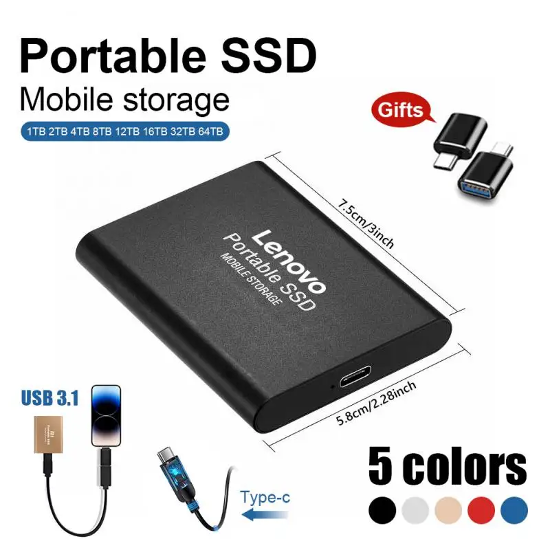 Портативный высокоскоростной SSD-накопитель Lenovo 64 ТБ, мобильные твердотельные диски, мобильные жесткие диски USB 3.1, внешний накопитель Decive для ноутбука Notebo Изображение 3
