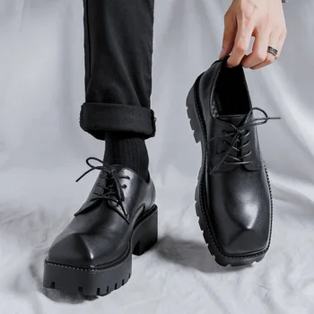 Мужские туфли-дерби с квадратным носком, повседневные деловые туфли на платформе, мужские свадебные туфли из спилка, уличная одежда Harajuku