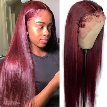 34-Дюймовый бордовый прямой парик с кружевом спереди, парики из человеческих волос HD красного цвета с закрытием 4X4