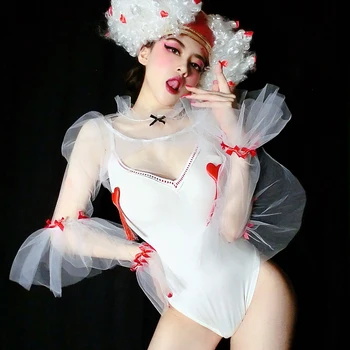 Сексуальная одежда для танцев на шесте, белое кружевное боди, костюм ночного клуба, Dj Ds, певица Gogo, фестивальная сценическая рейв-одежда DWY4693