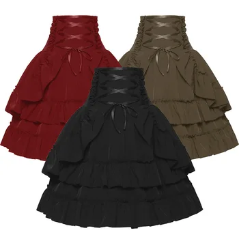 Женская ретро Средневековая эластичная короткая юбка в стиле бохо с высокой талией, повседневные рубашки трапециевидной формы на завязках, винтажные платья без спинки