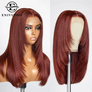 Красновато-коричневый многослойный парик с прямым кружевом HD, предварительно выщипанный, с медно-красной внутренней пряжкой, прямые синтетические кружевные парики для чернокожих женщин
