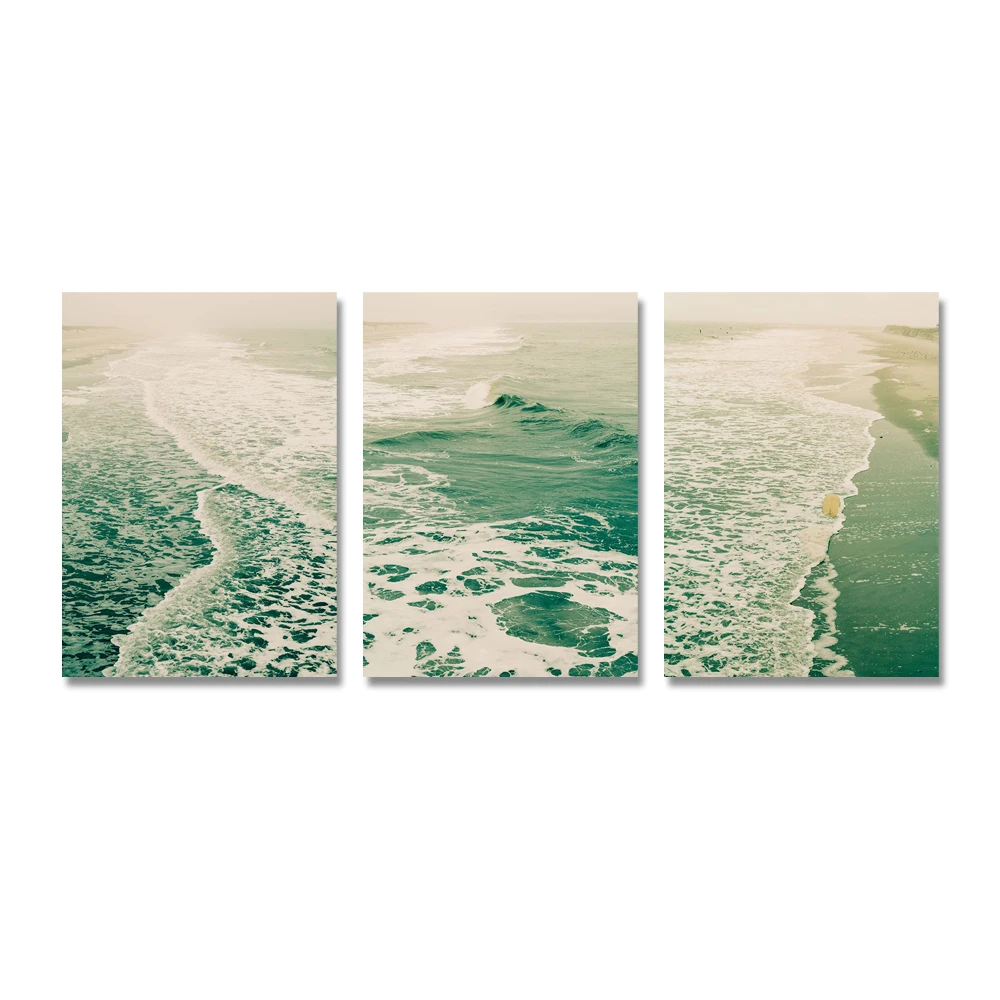 3 панели Скандинавский зеленый морской океан холст картина Современный домашний декор для гостиной Плакат с морским пейзажем и принт Изображение 4