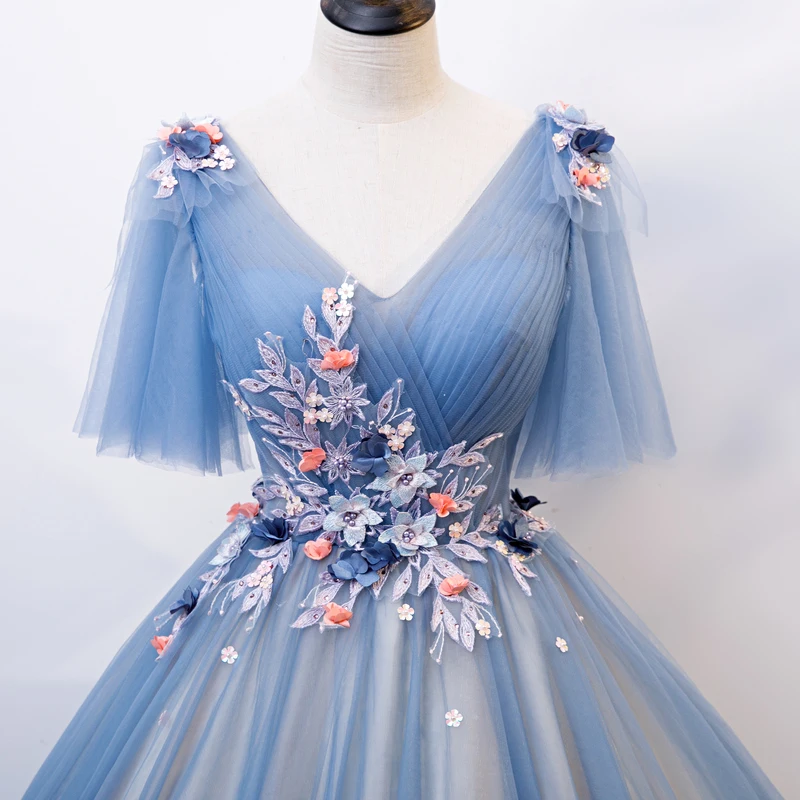 AnXin SH винтажное бальное платье принцессы с голубыми кружевными розами, V-образным вырезом и оборками, расшитое бисером, хрустальным жемчугом, вечернее платье невесты Изображение 4