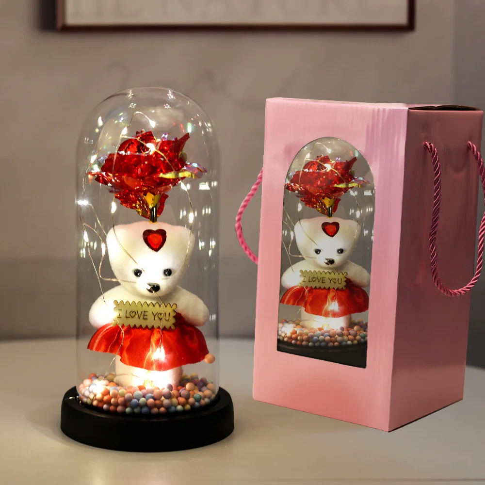 LED Galaxy Rose Bear Подарочная Коробка 24k Цветок Из Золотой Фольги С Гирляндами Фей В Куполе Искусственный Цветок Подарок На День Святого Валентина 2024 Изображение 4