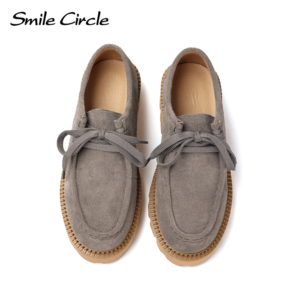 Женские замшевые туфли-дерби Smile Circle на плоской платформе со шнуровкой и круглым носком, модная повседневная обувь, женские лоферы Изображение 4