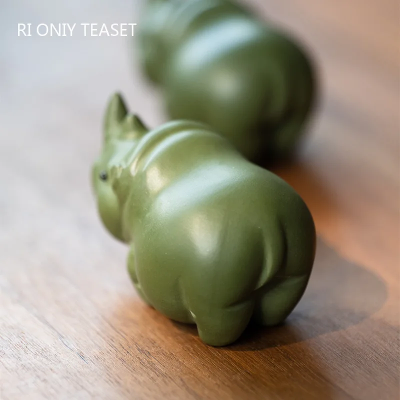 Китайский чай из фиолетовой глины Исин, статуэтка носорога ручной работы, украшения из необработанной руды, Чайная статуэтка из зеленой глины, ремесленное украшение чайной церемонии Изображение 4