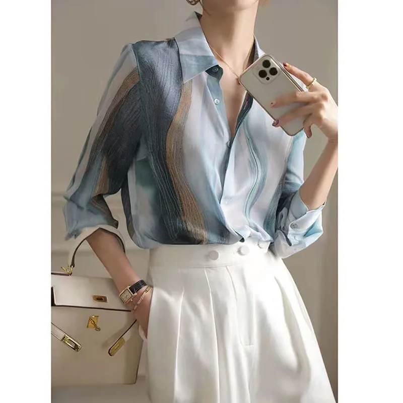Модная элегантная шифоновая блузка с отложным воротником с градиентным принтом, Женская Корейская Свободная рубашка на пуговицах с длинным рукавом, Женская одежда Изображение 4