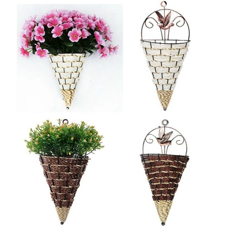 Настенная натуральная плетеная корзина для цветов, кашпо, ротанговая ваза, Корзина для домашнего сада, Настенное украшение, Контейнер для хранения Изображение 4