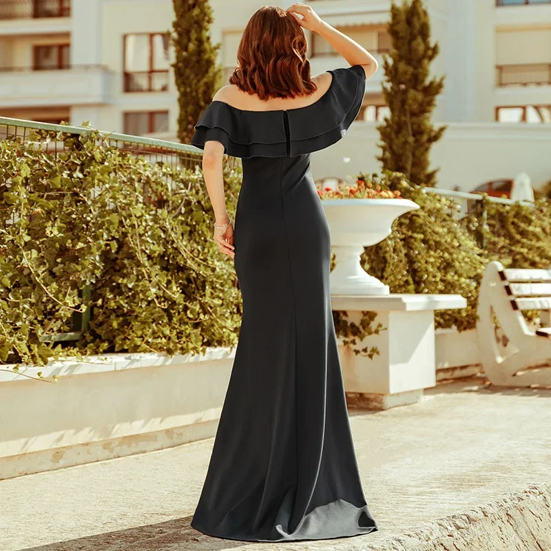 Черные вечерние платья Джерси с оборками, открытыми плечами, на молнии, со шлейфом в виде русалки, большие размеры, женское вечернее платье для вечеринок, Vestidos Изображение 4