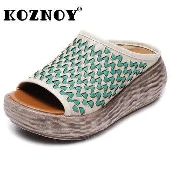 Резиновые тапочки Koznoy 5,5 см, Босоножки из натуральной кожи, Плетение в этническом стиле, Новые Летние женские Мокасины, Модная обувь на платформе и танкетке