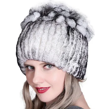 Новая женская зимняя шапка, шапочки из натурального кроличьего меха, модные толстые теплые женские вязаные шапки, полосатые головные уборы для девочек, шапки 2021 г.