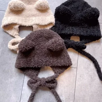 Осенне-зимние теплые шерстяные шапки с Медвежьими ушками для женщин, модные утолщенные шапки для защиты ушей, вязаные шапочки-бомберы, Шапочки-панамы