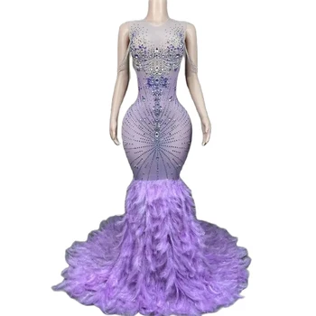 Блестящие стразы, фиолетовое платье с перьями длиной до пола, сексуальное прозрачное платье для празднования дня рождения, вечернее платье для выпускного вечера, одежда для фотосессии
