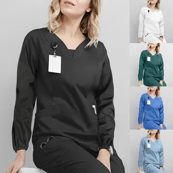 Женская простая однотонная больничная рабочая униформа с V-образным вырезом, комбинезон доктора и медсестры с длинным рукавом, Рубашка с карманом, Униформа для медсестер.