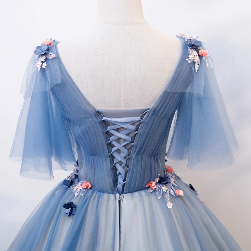 AnXin SH винтажное бальное платье принцессы с голубыми кружевными розами, V-образным вырезом и оборками, расшитое бисером, хрустальным жемчугом, вечернее платье невесты Изображение 5
