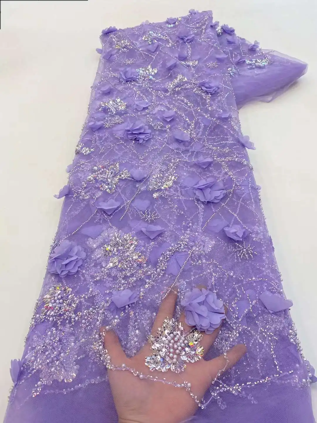 Высококачественные Элегантные бусины, французская сетка, тюль с вышивкой, 3D цветочная ткань, Африканская нигерийская кружевная ткань для свадебного платья Изображение 5