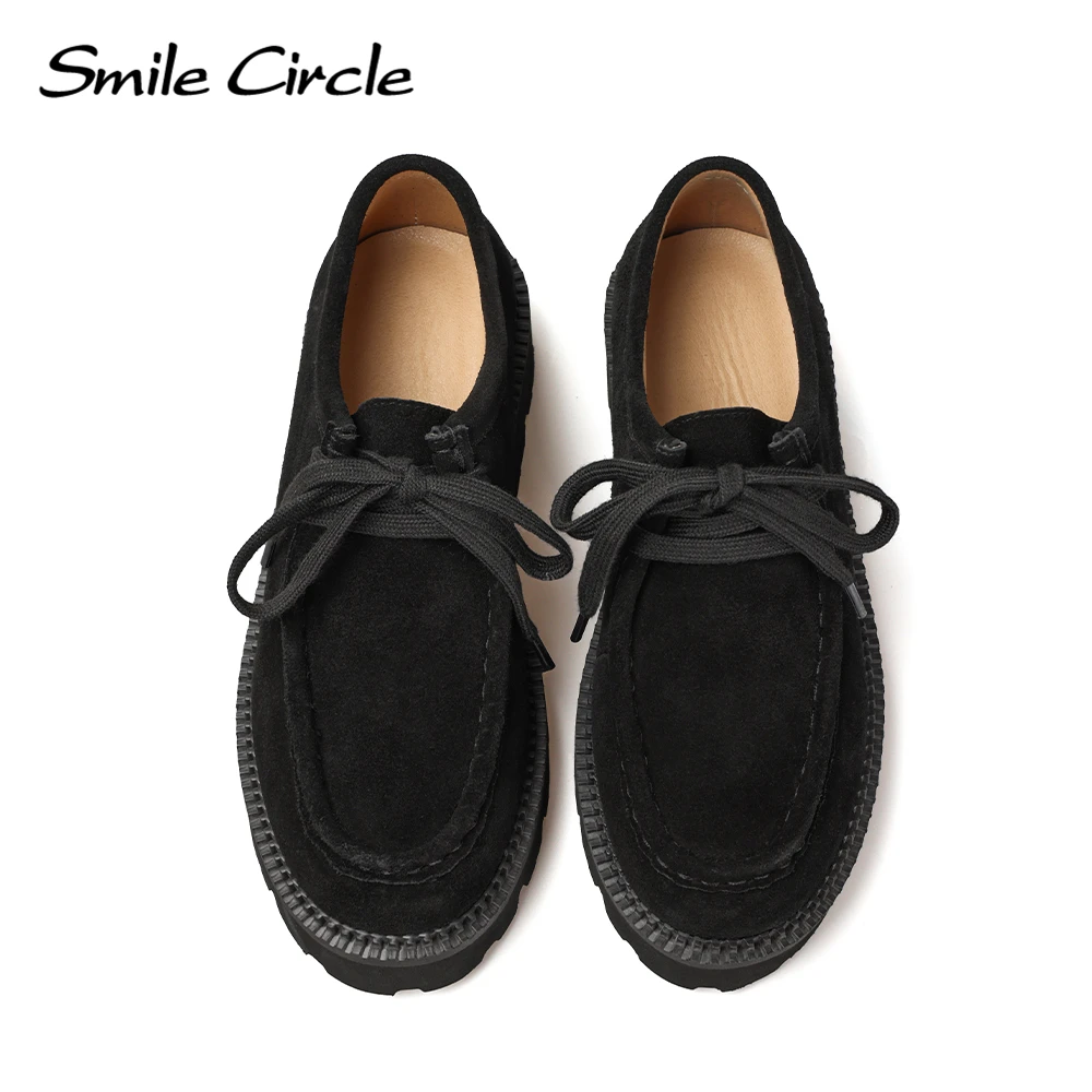 Женские замшевые туфли-дерби Smile Circle на плоской платформе со шнуровкой и круглым носком, модная повседневная обувь, женские лоферы Изображение 5
