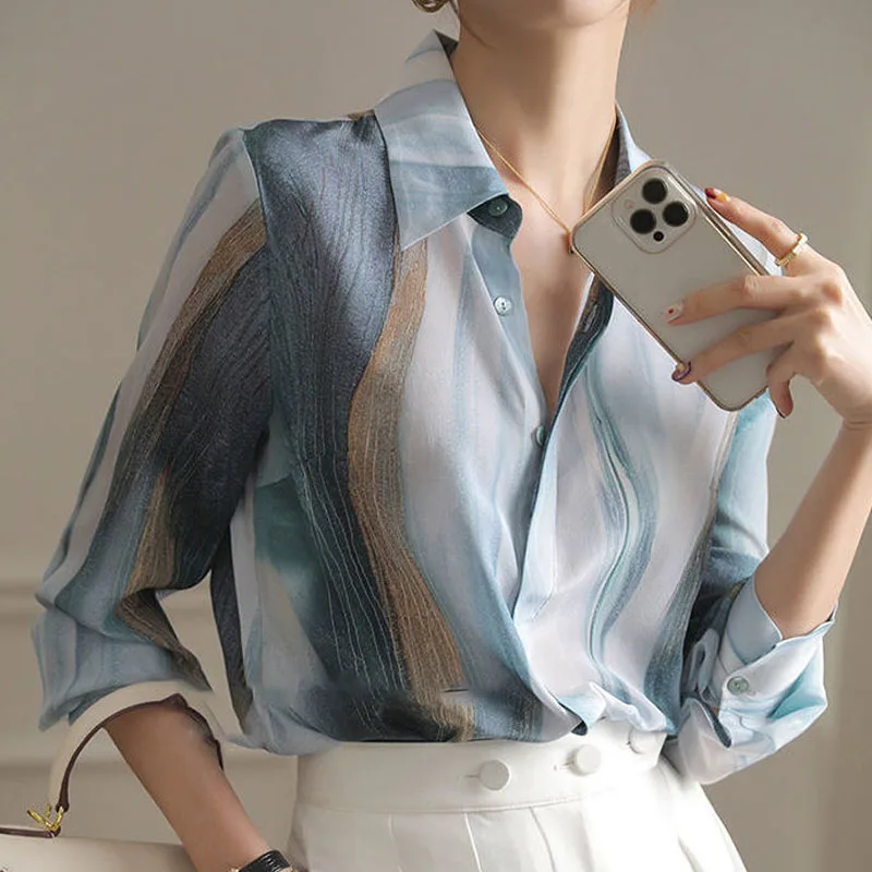 Модная элегантная шифоновая блузка с отложным воротником с градиентным принтом, Женская Корейская Свободная рубашка на пуговицах с длинным рукавом, Женская одежда Изображение 5
