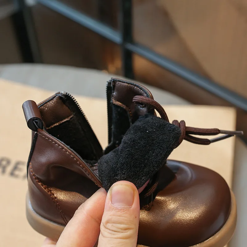 Обувь для маленьких мальчиков и девочек, теплые детские ботинки на зиму, детская кожаная обувь, ботильоны для мальчиков 2-10 лет, коричневый, черный Изображение 5