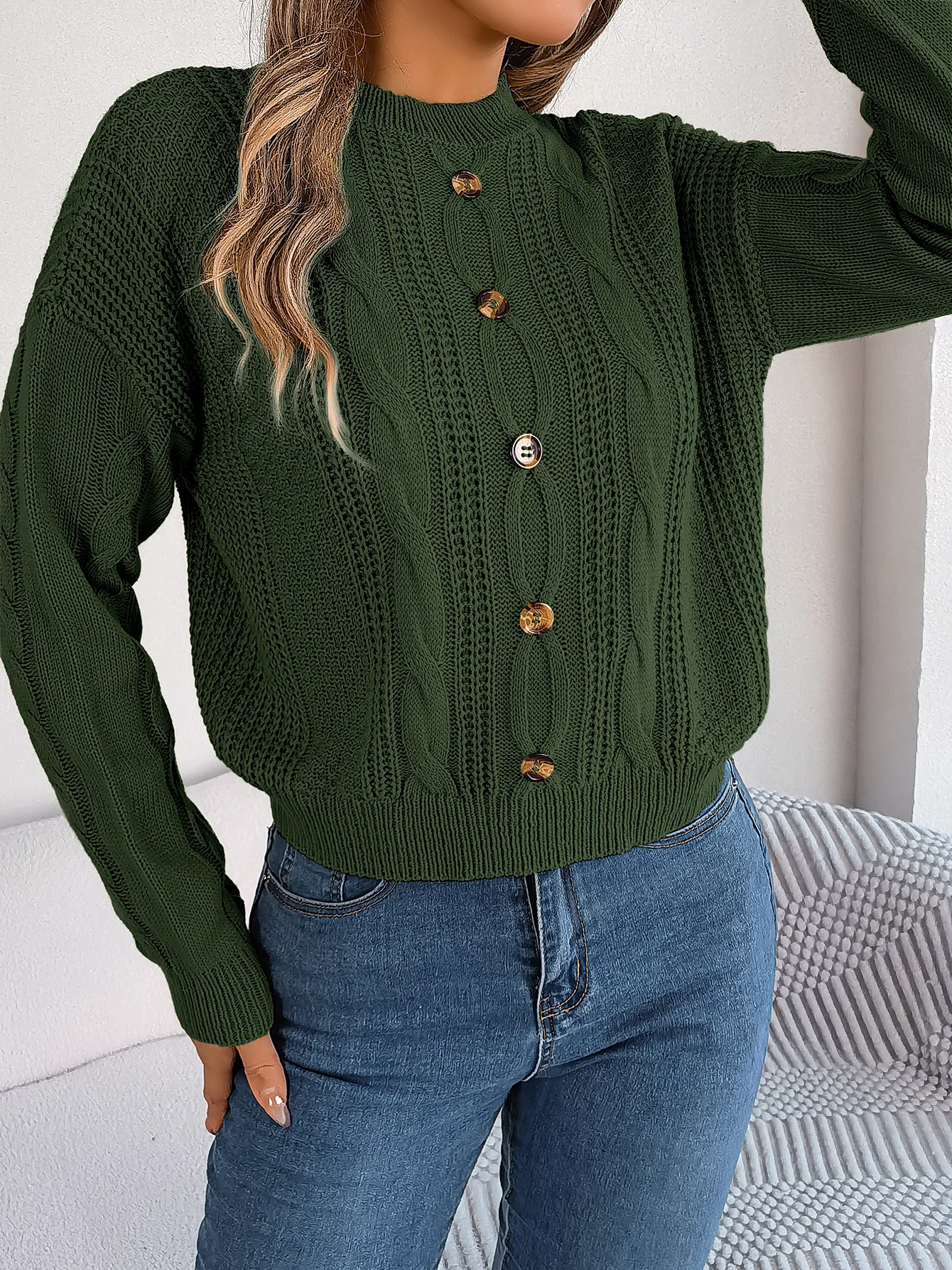 Осенне-зимний женский свитер, Новый повседневный однотонный пуловер с длинными рукавами и круглым вырезом, дизайнерский пуловер на пуговицах, модная блузка Изображение 5