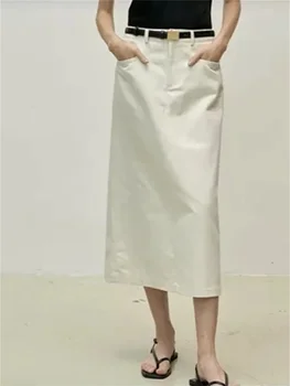 Джинсовая юбка для дам 2023, Новая осенняя юбка с высокой талией, повседневная юбка Миди с разрезом прямого силуэта, с карманами