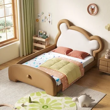 Детская кровать Мультяшная комната Кожаная кровать для мальчиков и девочек Креативный дом Студенческая кровать кровать из массива дерева