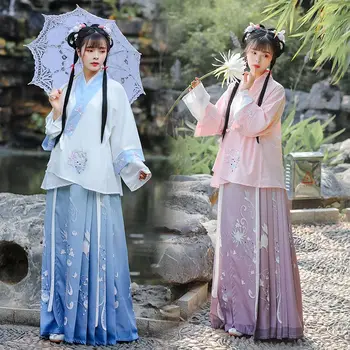 Синее традиционное китайское платье Hanfu времен династии Тан с длинными рукавами с принтом для женских платьев