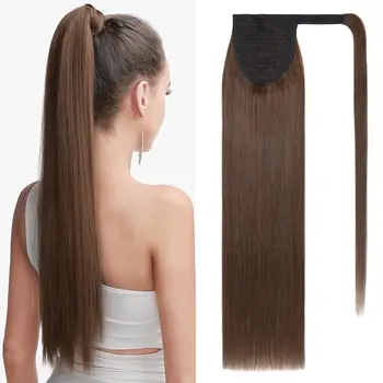 Длинный прямой хвост, обернутый вокруг заколки для наращивания волос, шиньон # 4 Средне-коричневый Бразильский конский хвост из человеческих волос 16-26 дюймов