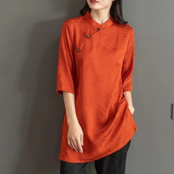 2023 традиционная китайская блузка национальная жаккардовая атласная блузка танский костюм винтажные топы чонсам элегантные улучшенные рубашки ципао