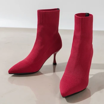 Сексуальные сапоги-носочки, вязаные стрейчевые сапоги на высоком каблуке для женщин, модная обувь 2021 года, Весенне-осенние ботильоны, женский размер 43