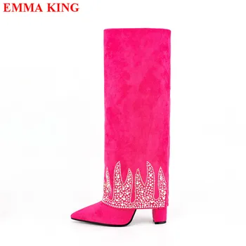 Розово-голубые сапоги до колена на толстом каблуке со стразами, модные женские осенне-зимние сапоги на массивном высоком каблуке, обувь для вечеринок из флока, женские