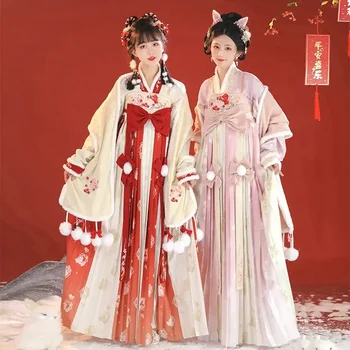 2 цвета, женское зимнее платье Hanfu в китайском стиле династии Сун, милая плиссированная юбка в кроличью тематику, элегантное пальто с пуховым краем.