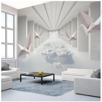 3D обои Beibehang тысячи бумажных журавликов абстрактное здание облака на фоне телевизора гостиная спальня настенные обои