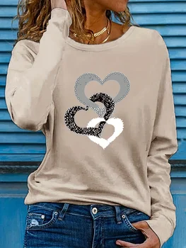 Модные футболки с длинными рукавами для женщин, толстовки с принтом сердца, женский пуловер с круглым вырезом, женская толстовка