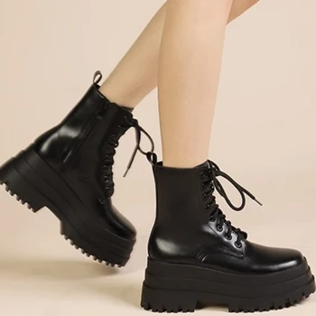 2023 Модная женская обувь; Зимние женские ботинки до середины икры; Однотонные женские ботинки на высоком водонепроницаемом каблуке Со шнуровкой и круглым носком