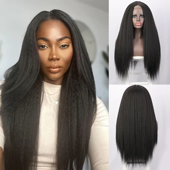 Длинный прямой парик Яки, 30-дюймовые кудрявые прямые парики для чернокожих женщин, косплей, парик из натуральных синтетических волос средней части, Термостойкий