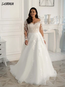 Плюс размер Кружевное свадебное платье с листьями, длинный рукав, трапециевидный вырез в виде сердечка, платья для невесты, Свадебное платье Vestidos De Novia