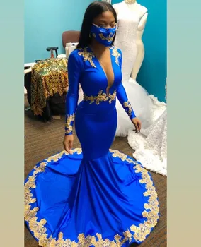 Длинное платье королевского синего цвета для выпускного вечера для чернокожих девочек, расшитое бисером, хрустальными перьями, платья для дня рождения, вечернее платье с длинным рукавом 